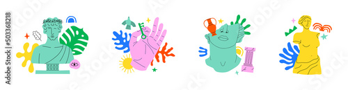 Colorful vintage greek decoration cartoon shape collection. Set of ancient history sculpture, god monument and historical doodle illustration.