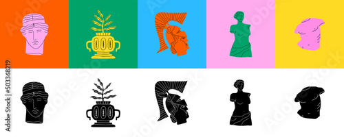 Colorful vintage greek decoration cartoon shape collection. Set of ancient history sculpture, god monument and historical doodle illustration.