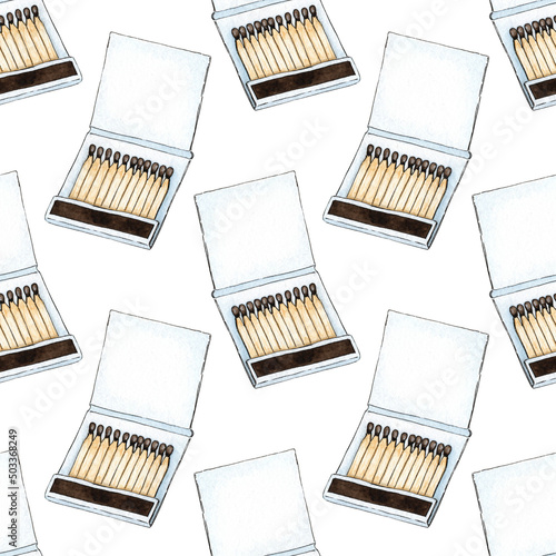 Watercolor illustration of a match book pattern full of red matches. Get the flame. Light the fire. Burnt wooden stick. Hand drawn doodles. Isolated on white background. Drawn by hand.