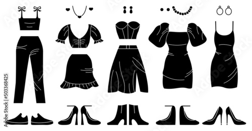 Silhouette glyph dress, blouse and skirt suits, top and pants, earrings and bead, high-heeled stiletto shoes, set moccasins. Accessories and jewelry. Glamorous stylish clothes. Vector illustration