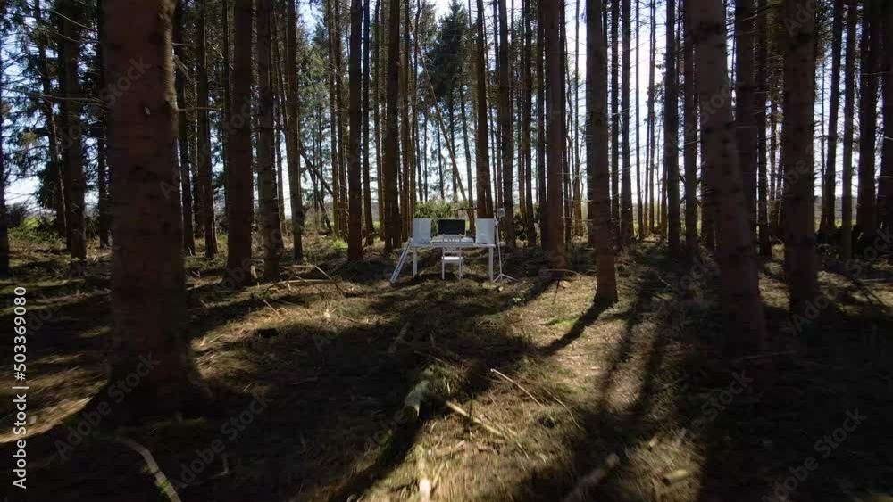 Private And Minimalist Studio Set up In The Middle Of A Forestland. Aerial Pullback Private And Minimalist Studio Set up In The Middle Of A Forestland. Aerial Pullback