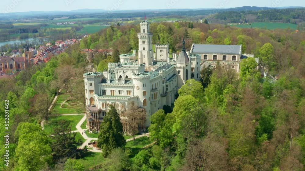 Turn around of historic chateau Hluboka nad Vltavou in Czech Republic, arial view Turn around of historic chateau Hluboka nad Vltavou in Czech Republic, arial view