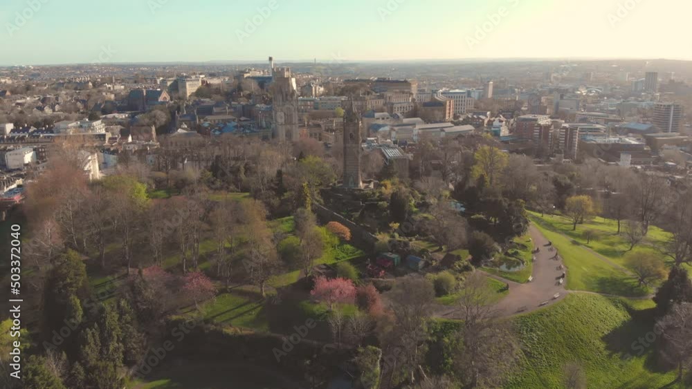 Aerial view of landmark Cabot Tower in city of Bristol in early morning light Aerial view of landmark Cabot Tower in city of Bristol in early morning light