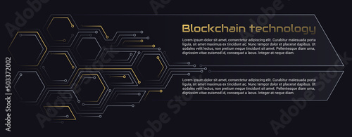 Blockchain technology concept, cryptocurrency. Working with tokens on the Internet, security. Futuristic background with elements in techno style microchips. Design banner template for web. Copyspace. (ID: 503372002)