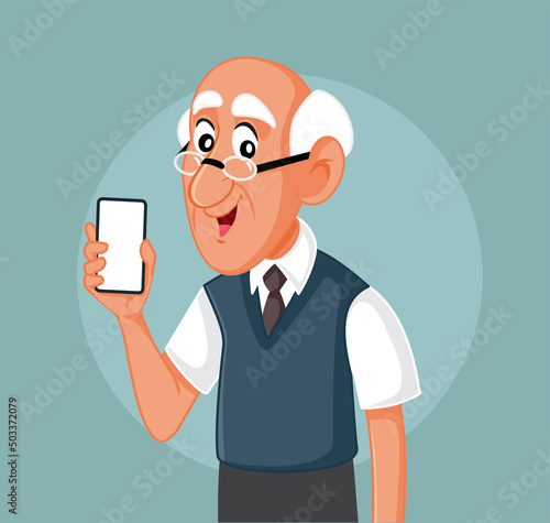 Senior Man Holding a Smartphone Vector Cartoon Illustration