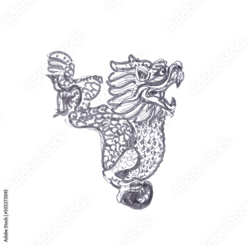 Chinese dragon with a pearl, graphic black and white drawing on a white background