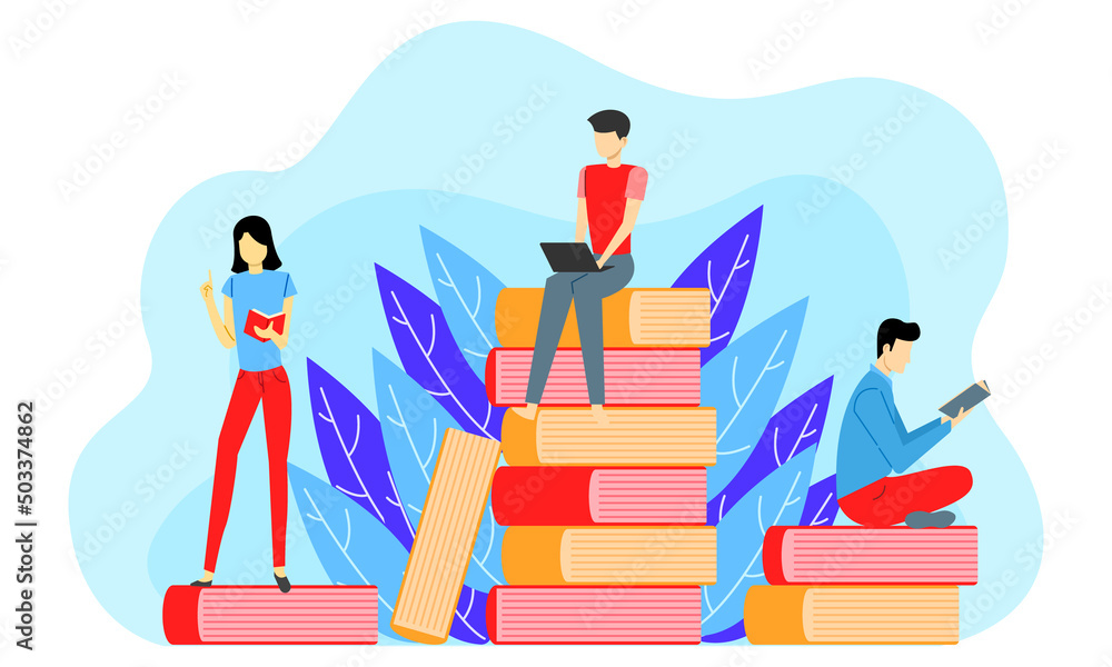 Naklejka premium People working and studying on a book piles flat vector illustration. Male and female reading books and using laptop with books background for poster, presentation, or banner