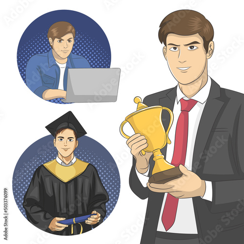 Businessmen striving to reach the next level in an effort to beat the competition with the winner celebrating his achievement