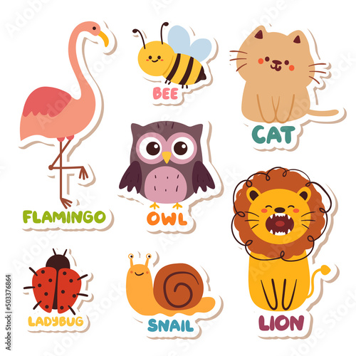 collection hand drawing cartoon of animal sticker set