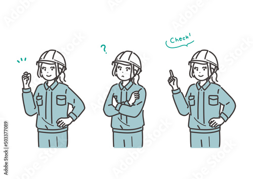 若い女性作業員の色々な表情のイラスト素材