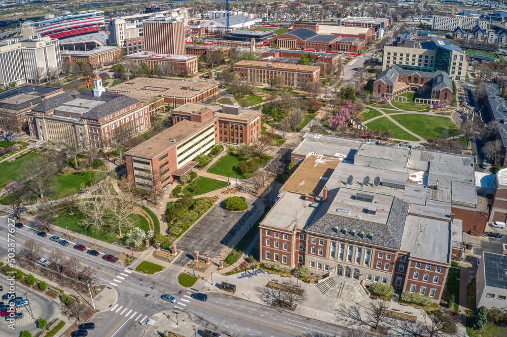 Aerial View of a large public University in Lincoln, Nebraska