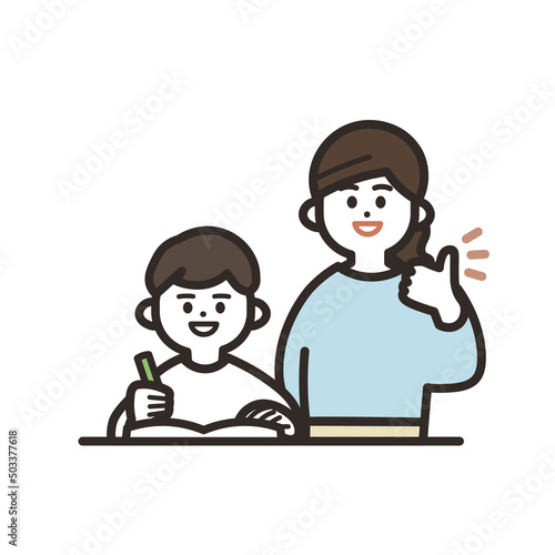 勉強している少年とグッドポーズの母