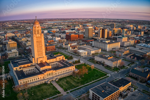 Aerial View of Downtown Lincoln, Nebraska at Twilight photo