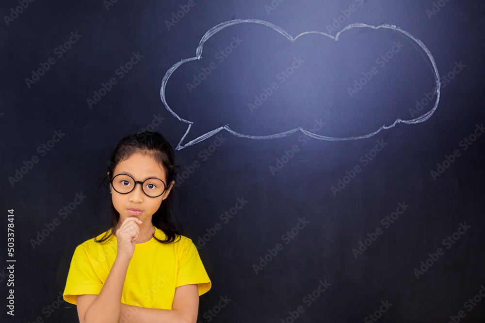Female student standing with empty speech bubble