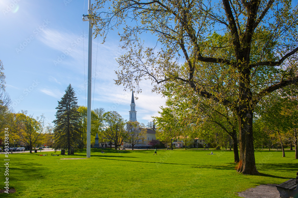 First Parish Church and Battle Green at Lexington Common National Historic Site in historic town center of Lexington, Massachusetts MA, USA. First Parish Church and Battle Green at Lexington Common National Historic Site in historic town center of Lexington, Massachusetts MA, USA.