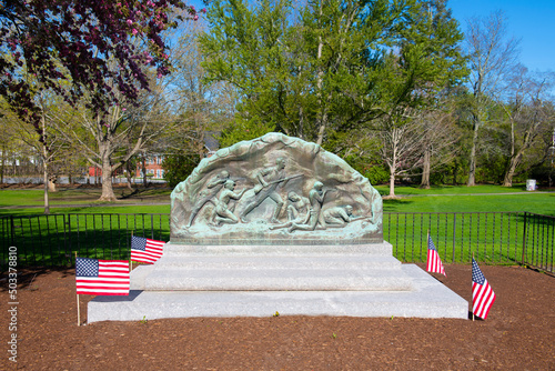 Lexington Minute Men Memorial at Battle Green in Lexington Common National Historic Site in town center of Lexington, Massachusetts MA, USA.  photo