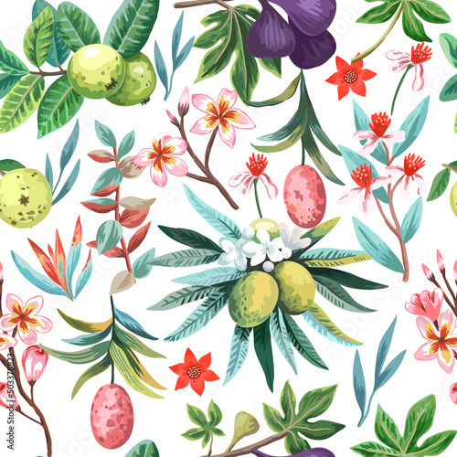 Seamless pattern with exotic tropical plants, fruits and flowers. Tropical paradise colorful print for design and textile