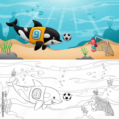 Vector illustration of cartoon orca whale with seahorse playing soccer underwater. Coloring book or page
