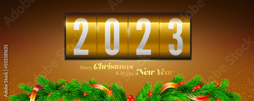New 2023 eve. Golden countdown clock with numbers 2023. New year and Christmas banner