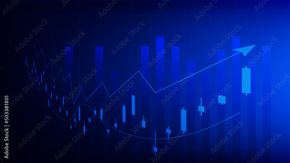 Financial business statistics with bar graph and candlestick chart with uptrend arrow show stock market price and effective earning on blue background Financial business statistics with bar graph and candlestick chart with uptrend arrow show stock market price and effective earning on blue background