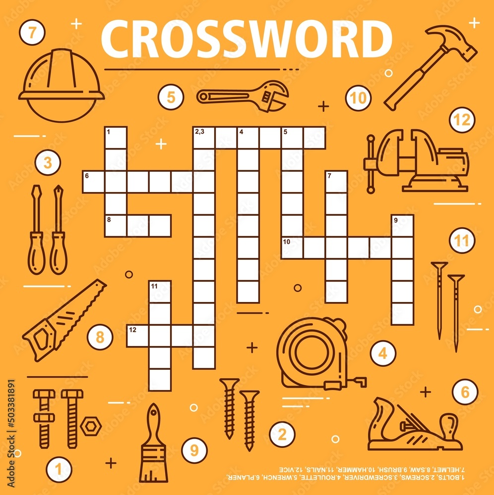 Naklejka premium Construction, DIY and repair tools crossword grid worksheet. Find a word quiz game, kindergarten child logical game or puzzle, preschool kids educational riddle with outline vector repair hand tools