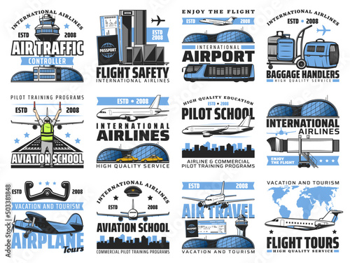 Airport and aviation service vector icons set. International airlines baggage handlers, flights safety. Airplane travel, tourism and tours, pilot school, international terminal, air traffic controller