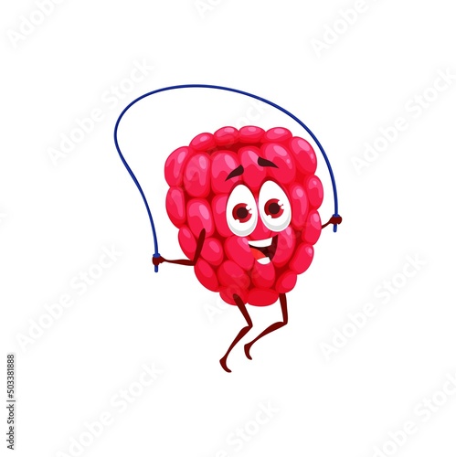 Cartoon funny raspberry with skipping rope. Vector berry sportsman character jump with jumping rope, Garden ripe plant personage sport exercise. Isolated healthy lifestyle, food athlete sports workout