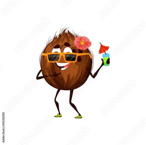Cartoon funny coconut character with cocktail. Vector cheerful tropical fruit drink fresh juice. Funny personage fun on vacation with beverage. Plant wear sunglasses and flower relax on beach or pool