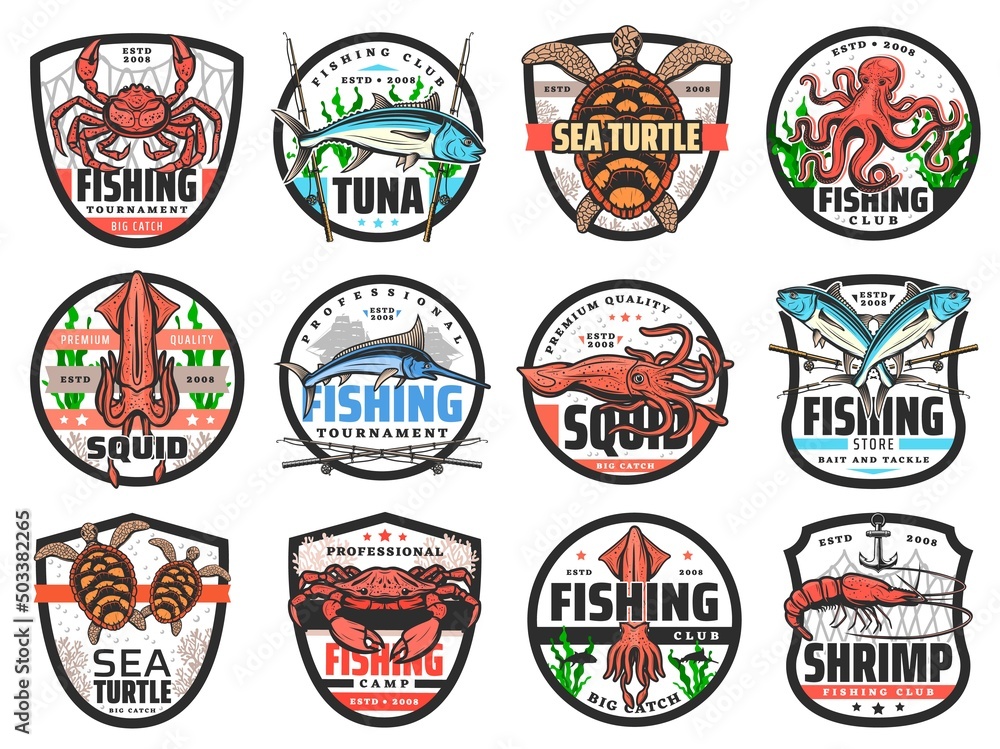 Fishing sport vector badges with isolated icons of fish, seafood, fisherman tackle, fishing boats and net. Tuna, marlin, crab and squid, shrimp, octopus, sea turtles and prawn, fisherman club emblem