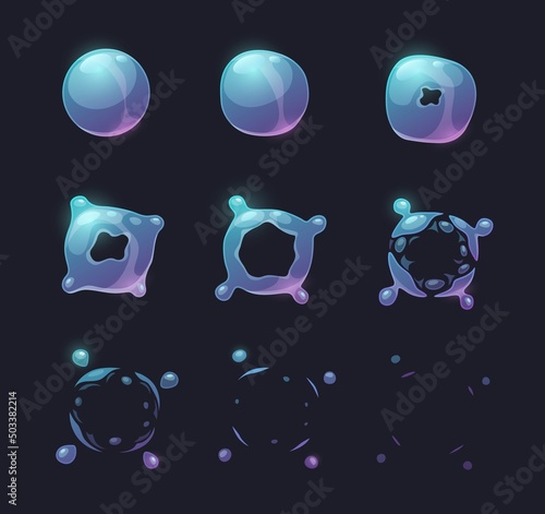 Soap bubble burst effect animated sprite. Transparent bubble explosion vector animation sequence with water splash, drops and splatters, game ui elements for video or web game asset