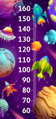 Kids height chart ufo, spacecraft and starship in galaxy space. Cartoon vector growth measure ruler with shuttles, saucers, planets and spacecrafts in universe fantasy world