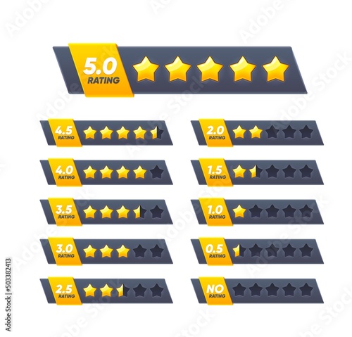 Five golden star review rate, customer feedback evaluation of service or product quality. 5 star and no rating statuses isolated vector bars of vote ranking scale, customer review rank or star rating