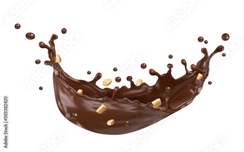 Chocolate, cocoa and coffee milk wave swirl with crushed peanuts, isolated vector. Chocolate drink or syrup with nuts, choco spread flow or sweet cocoa cream butter wave splatter splash