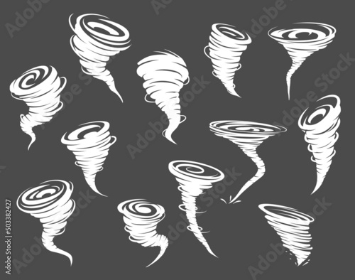 Tornado, storm, whirlwind twister, cyclone whirlpools set. Windy or stormy weather, thunderstorm meteorology forecast vector symbols, blizzard blow, typhoon or hurricane wind white twisters