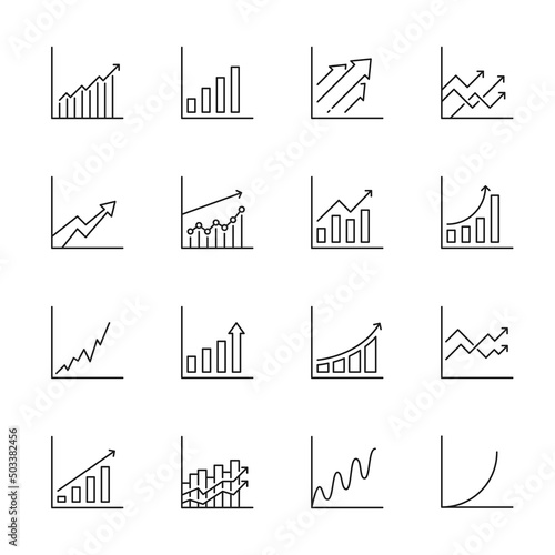 Graph, chart and bar growth icons with increase arrow. Vector line charts and bar graphs with growing data graphics. Business, finance and economy statistic information presentation, profit report