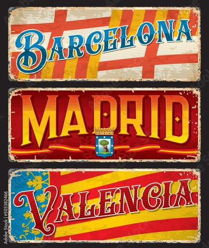 Barcelona, Madrid, Valencia spanish city travel stickers and plates. European vacation journey vector postcard or tin signs, Spain cities banners or stickers with flags, typography and Coat of Arms