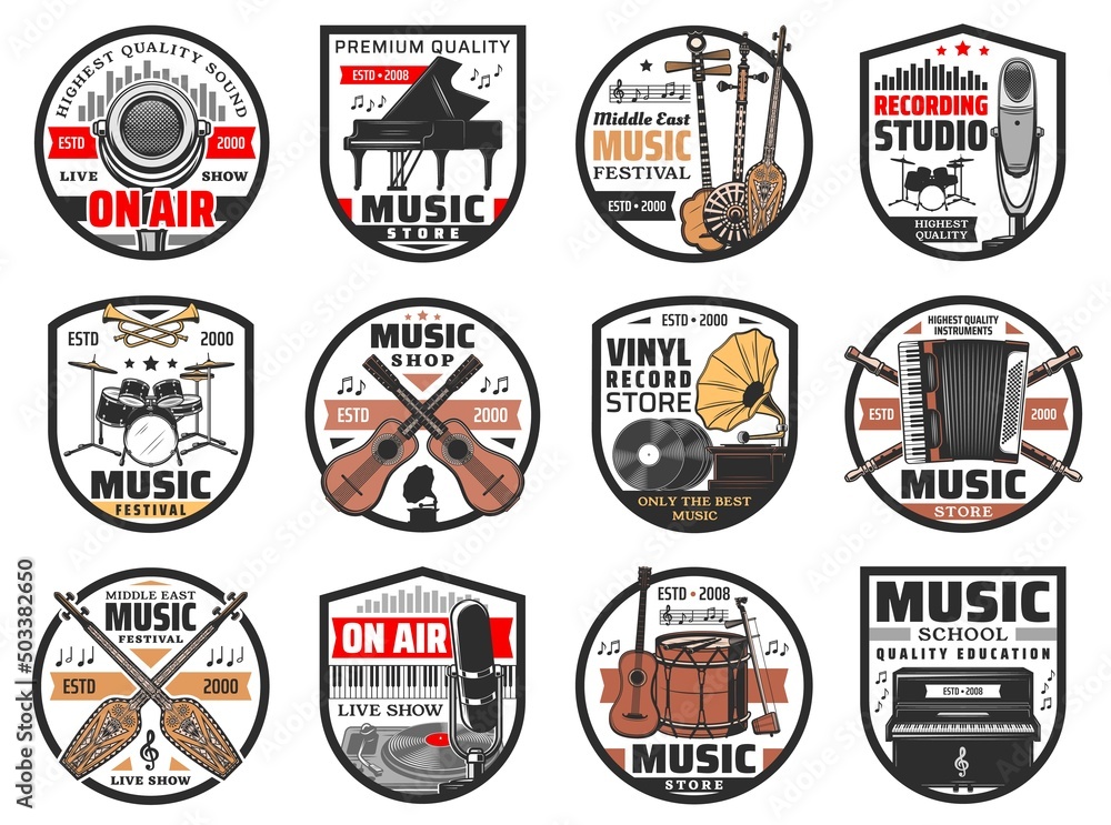 Music icons, records and music instruments store, festival and school vector emblems. Microphone, piano and guitar, accordion, drums and piano, kamancheh, flute and horns, gramophone, vinyl discs Music icons, records and music instruments store, festival and school vector emblems. Microphone, piano and guitar, accordion, drums and piano, kamancheh, flute and horns, gramophone, vinyl discs