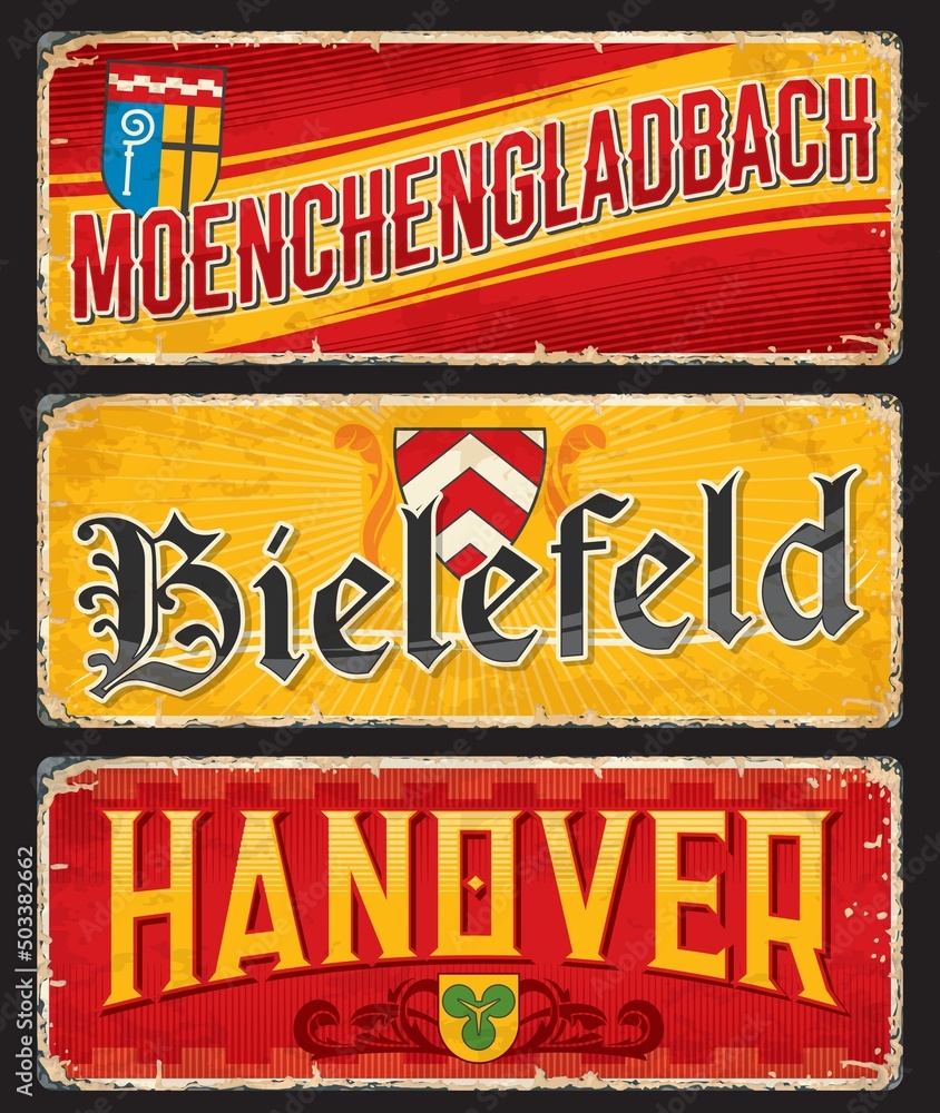 Fototapeta premium Hanover, Bielefeld, Moenchengladbach german city travel stickers and plates. European travel grungy sticker, Germany city tourism nostalgic tin sign or vintage banner with city Coat of Arms and flags