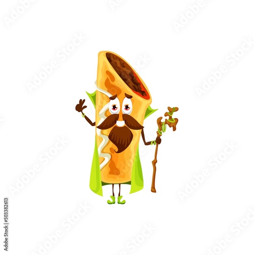 Cartoon Mexican chimichanga wizard character. Vector tex mex magician snack wiz with wooden staff in hands. Necromancer, funny stuffed roll sorcerer in cape, magic personage, traditional Mexico food