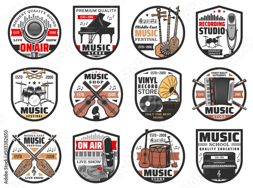 Music icons, records and music instruments store, festival and school vector emblems. Microphone, piano and guitar, accordion, drums and piano, kamancheh, flute and horns, gramophone, vinyl discs