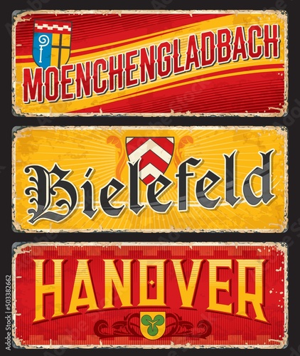 Hanover, Bielefeld, Moenchengladbach german city travel stickers and plates. European travel grungy sticker, Germany city tourism nostalgic tin sign or vintage banner with city Coat of Arms and flags