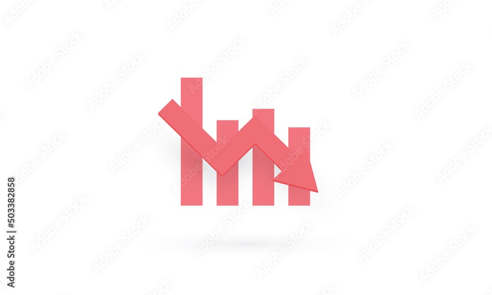 Business graph red in down arrow shape on white background, Profit and loss trading of trader, Symbol graph or chart icon Business graph red in down arrow shape on white background, Profit and loss trading of trader, Symbol graph or chart icon