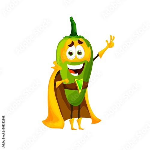 Cartoon mexican green jalapeno pepper superhero character. Funny vector chilli vegetable in yellow super hero cloak and mask show peace symbol. Fairytale menu personage, isolated powerful spice hero