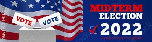 Midterm election 2022   USA voting ballot box  banner design vector illustration