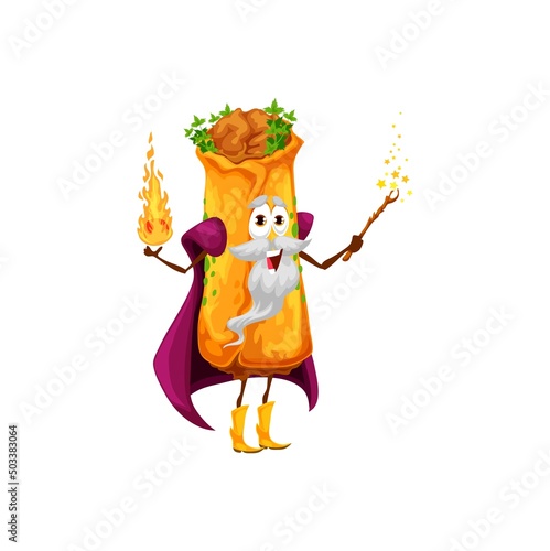 Cartoon mexican enchilada magician character. Vector tex mex snack wizard or witch with fire and wand in hands. Necromancer, funny burrito in cape, sorcerer, magic personage, traditional mexican food