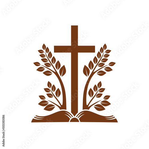 Christianity religion vector icon with cross and trees grow from open Bible. Christian catholic Holy book and crucifix symbol isolated on white background, faith and religious emblem