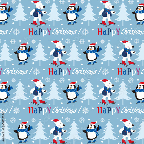 christmas pattern with polar bear and penguin
