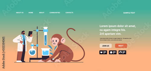scientist or veterinary worker doing experiments in lab with experimental monkey biological genetic engineering research