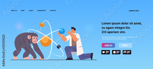 scientist or veterinary worker doing experiments in lab with experimental monkey biological genetic engineering research