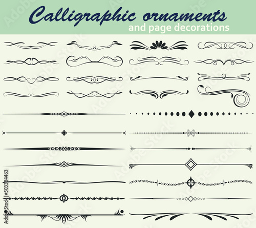 Vector collection of calligraphic dividers and page ornaments.